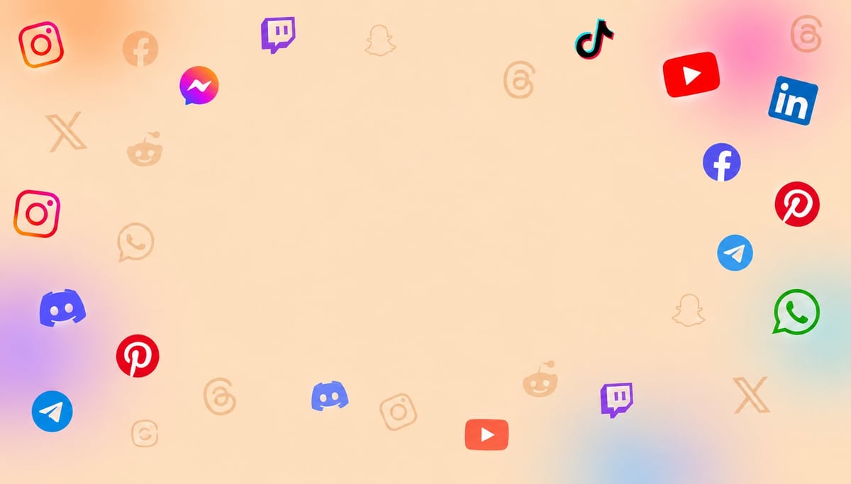 Collection of colorful social media platform icons including Instagram, TikTok, YouTube, Facebook, LinkedIn, Pinterest, Telegram, and WhatsApp scattered on a gradient background