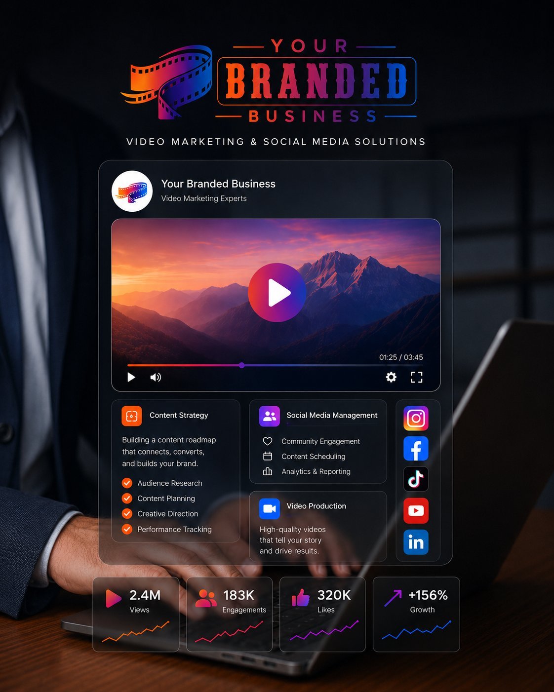 Your Branded Business video marketing and social media solutions platform displaying content strategy, social media management, and performance metrics on mobile device