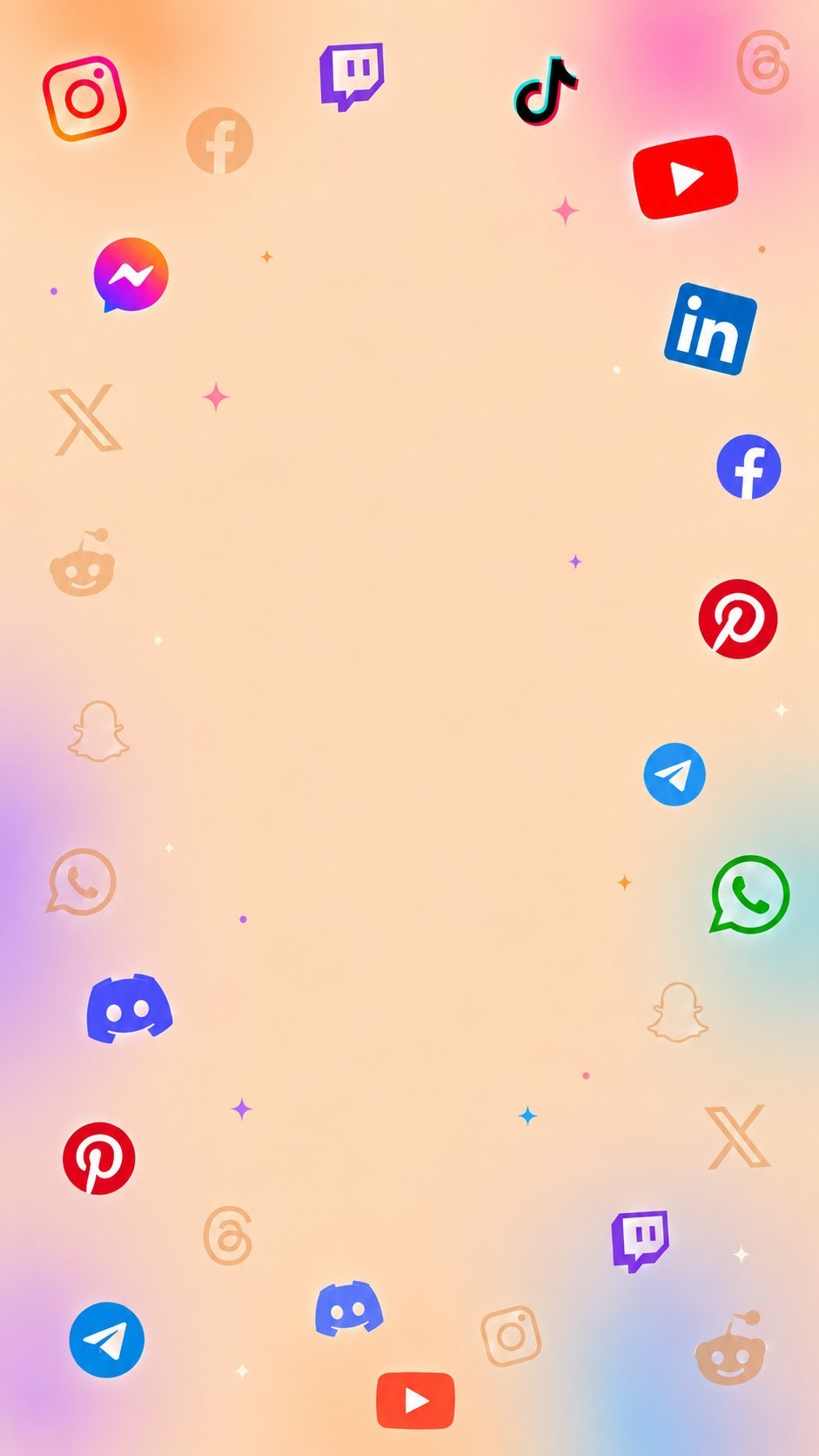 Collection of colorful social media platform icons scattered on a gradient peach-to-blue background