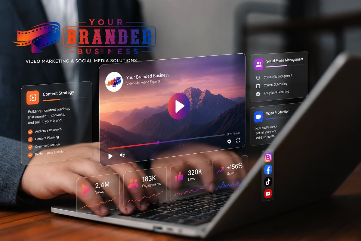 Hand typing on laptop displaying video marketing dashboard with mountain landscape video, engagement metrics, and branding tools interface